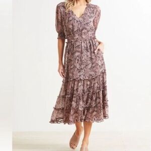 Roan + Ryan Elsa Chiffon Floral Midi Dress in Pink & Gray